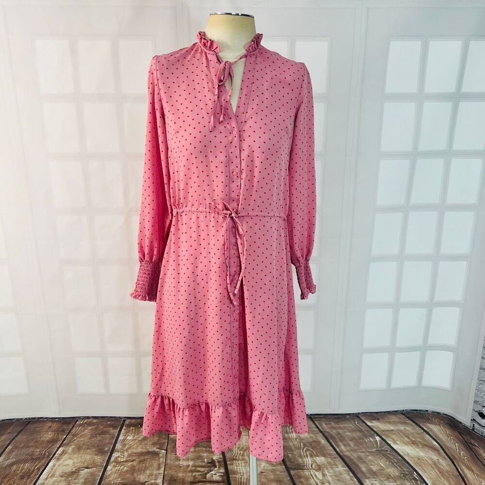 Divided H&M Pink Heart Print Tie Neck Ruffled Long Sleeve Belted Dress Size XXS